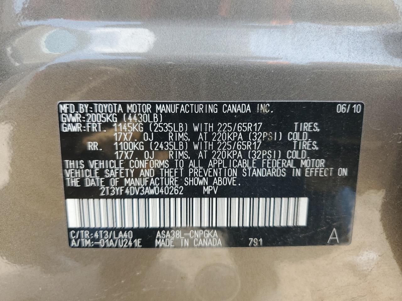 2010 Toyota Rav4 Limited VIN: 2T3YF4DV3AW040262 Lot: 65053804