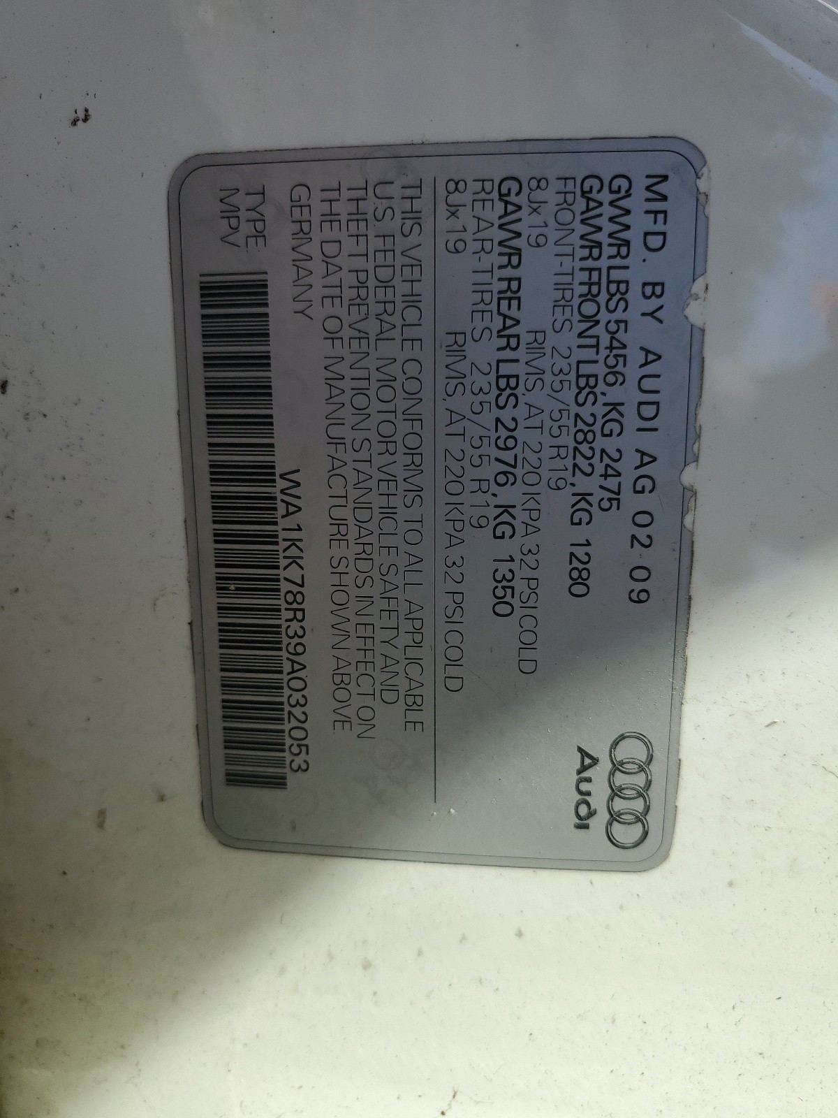 WA1KK78R39A032053 2009 Audi Q5 3.2