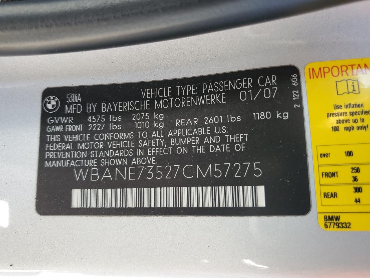 2007 BMW 530 I VIN: WBANE73527CM57275 Lot: 68499664