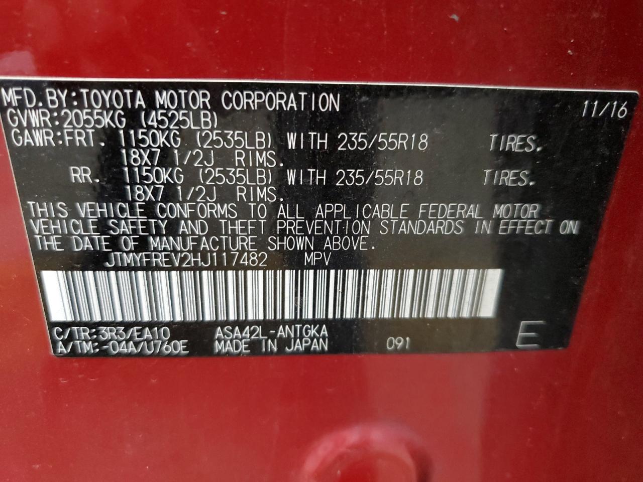 2017 Toyota Rav4 Limited VIN: JTMYFREV2HJ117482 Lot: 65884744