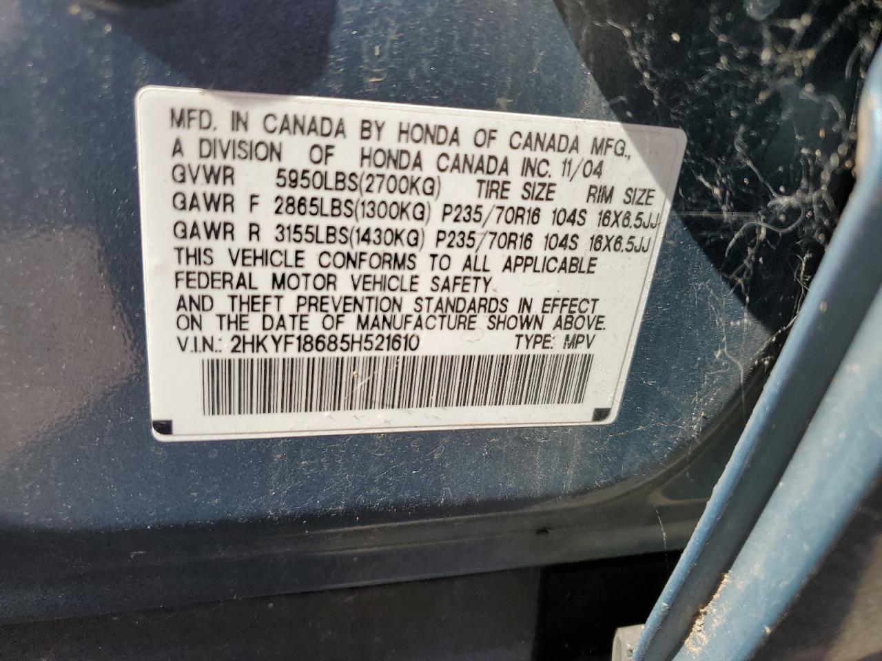 2005 Honda Pilot Exl VIN: 2HKYF18685H521610 Lot: 66945824