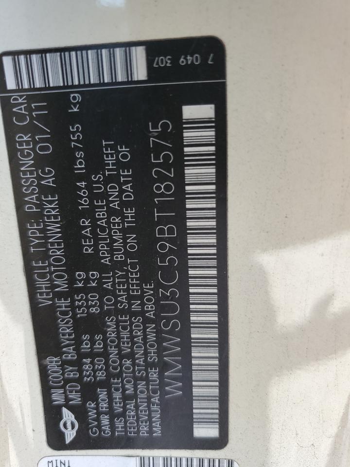 2011 Mini Cooper VIN: WMWSU3C59BT182575 Lot: 66717664