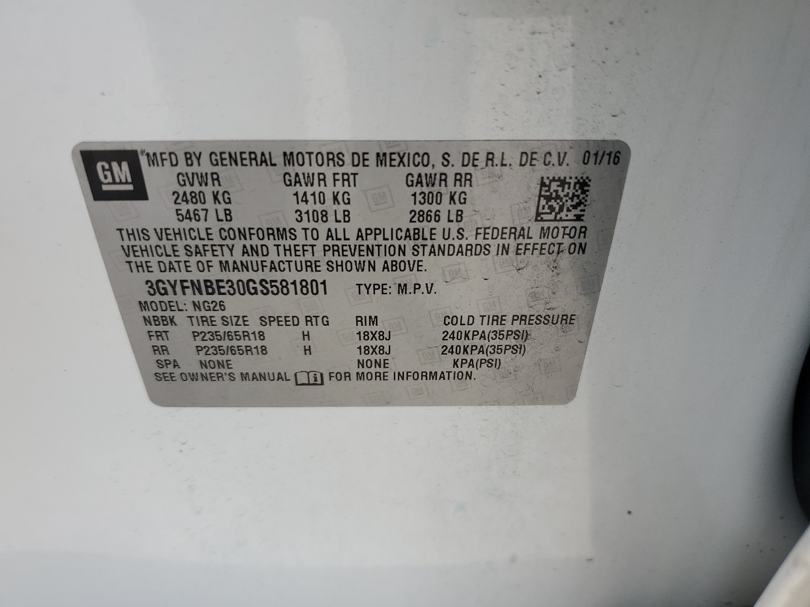 3GYFNBE30GS581801 2016 Cadillac Srx Luxury Collection