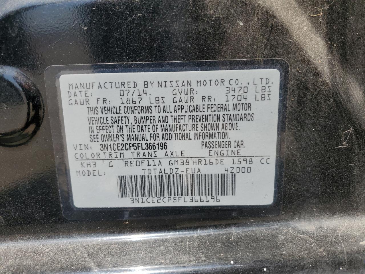 3N1CE2CP5FL366196 2015 Nissan Versa Note S