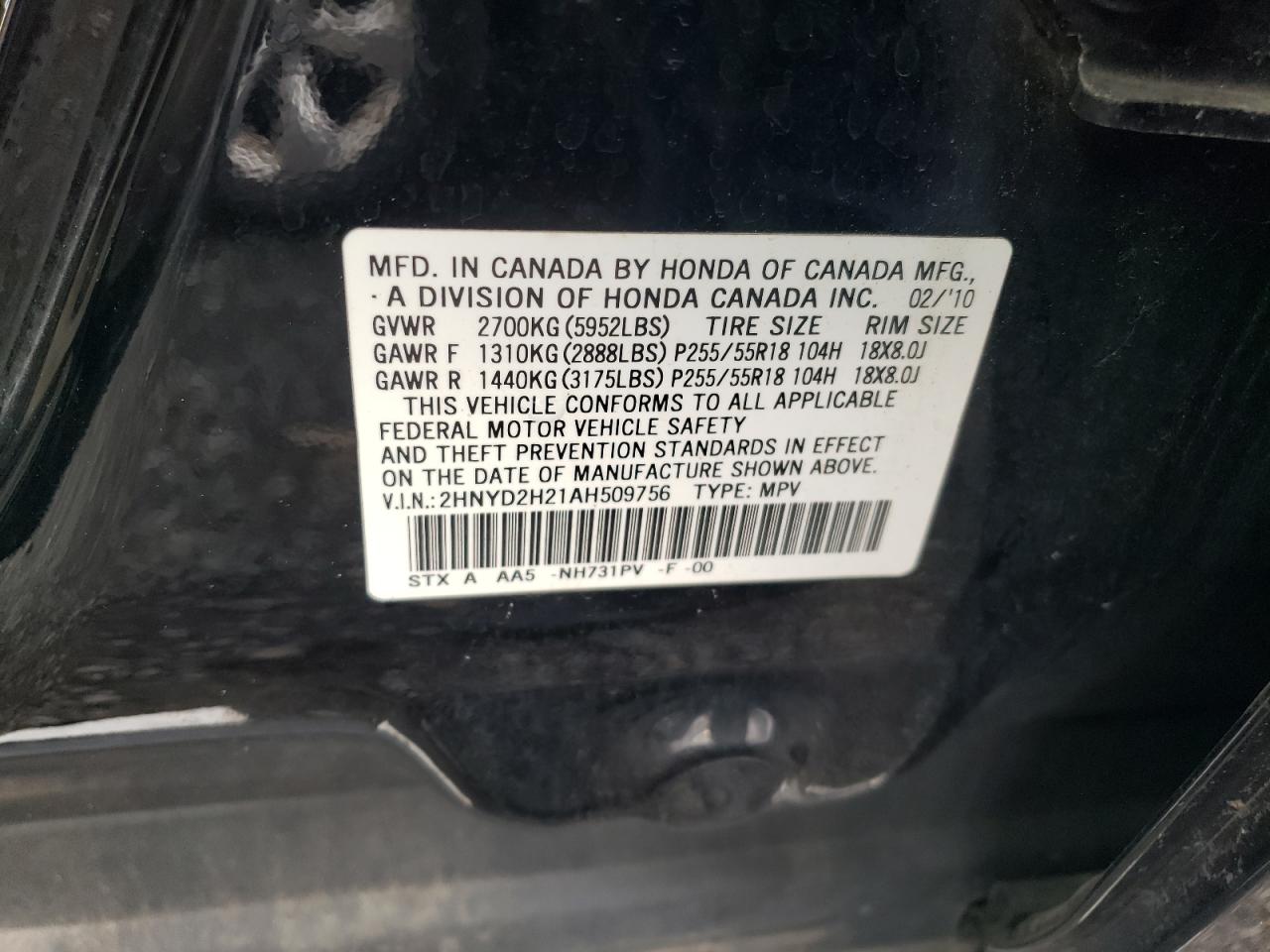 2010 Acura Mdx VIN: 2HNYD2H21AH509756 Lot: 65910894