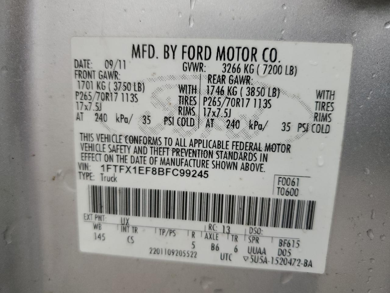 1FTFX1EF8BFC99245 2011 Ford F150 Super Cab