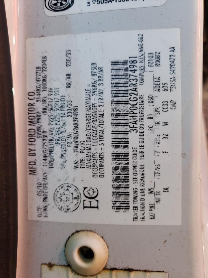 2010 Ford Fusion Sel VIN: 3FAHP0CG2AR374981 Lot: 68105814