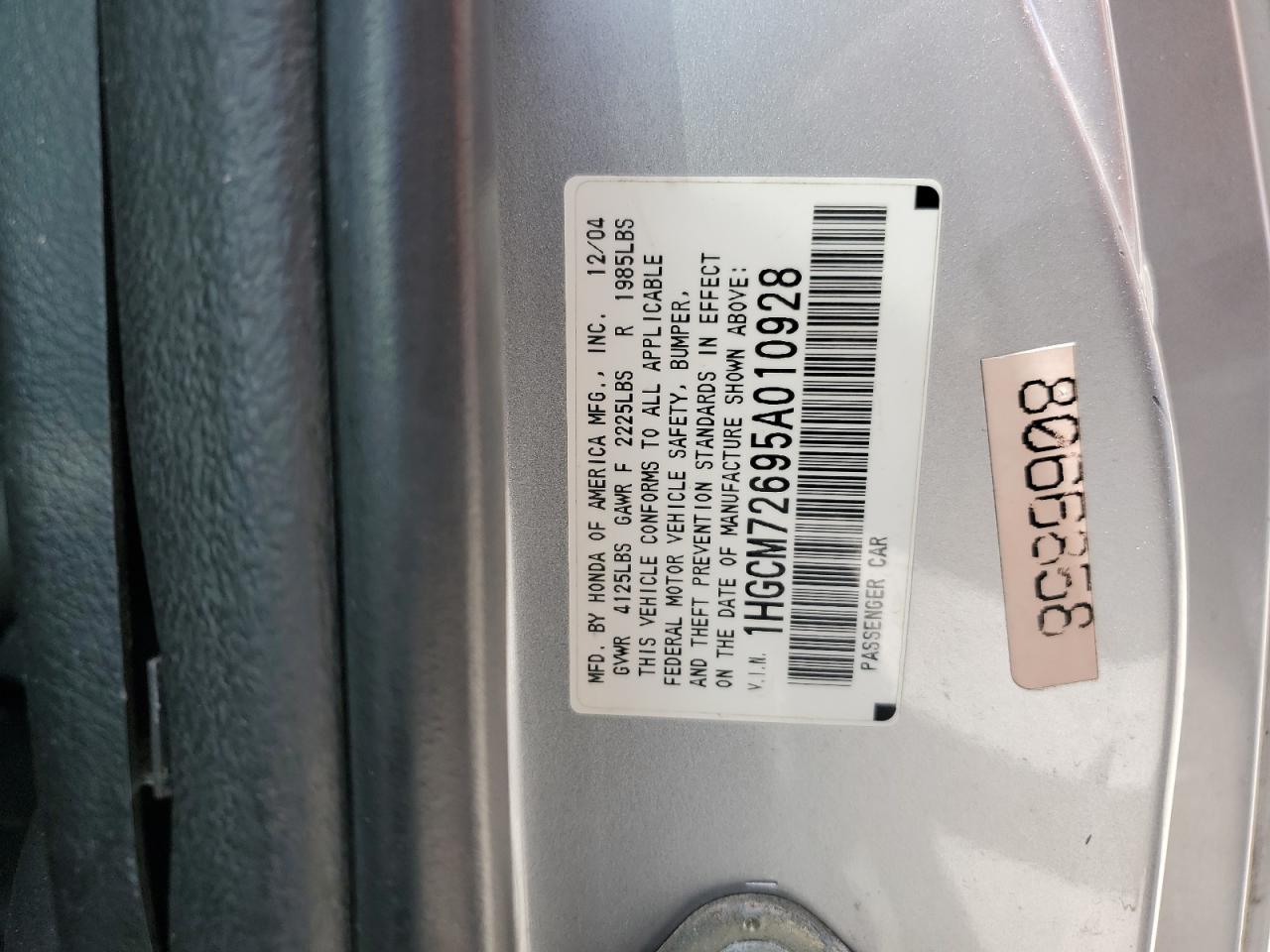 1HGCM72695A010928 2005 Honda Accord Ex