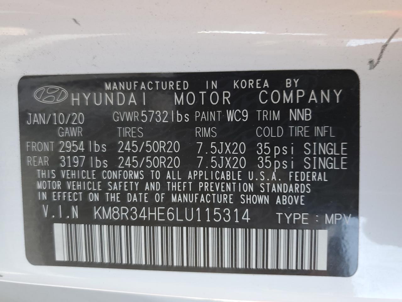 2020 Hyundai Palisade Sel VIN: KM8R34HE6LU115314 Lot: 68384274