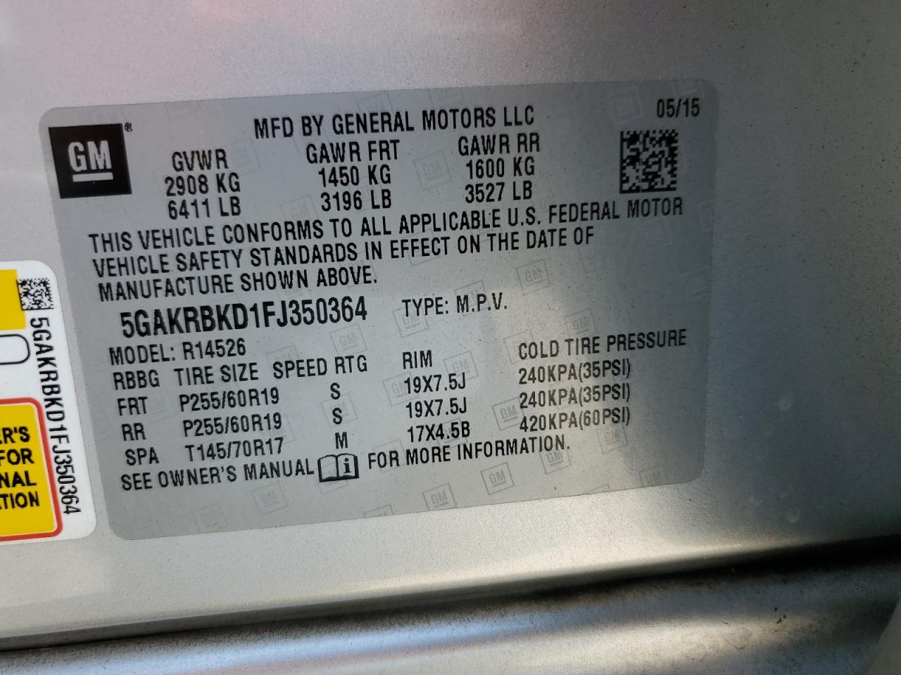 5GAKRBKD1FJ350364 2015 Buick Enclave