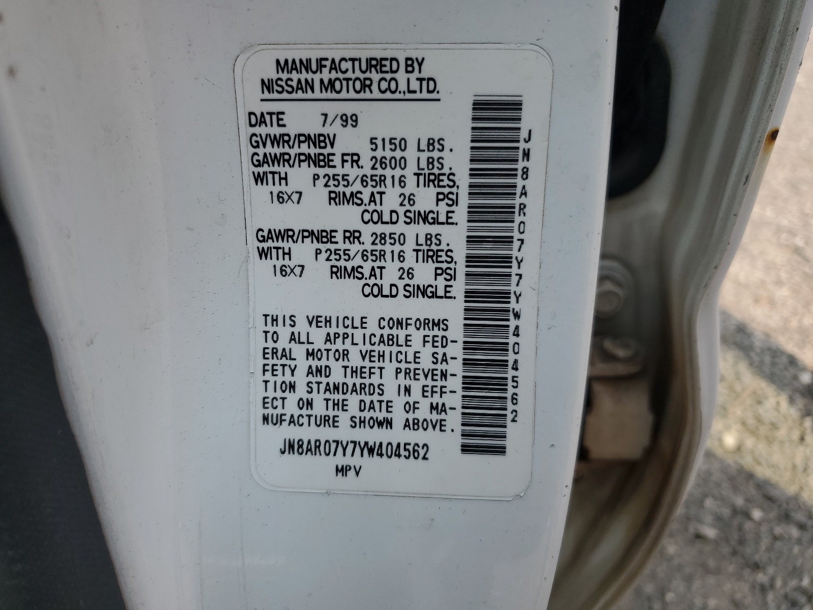 JN8AR07Y7YW404562 2000 Nissan Pathfinder Le