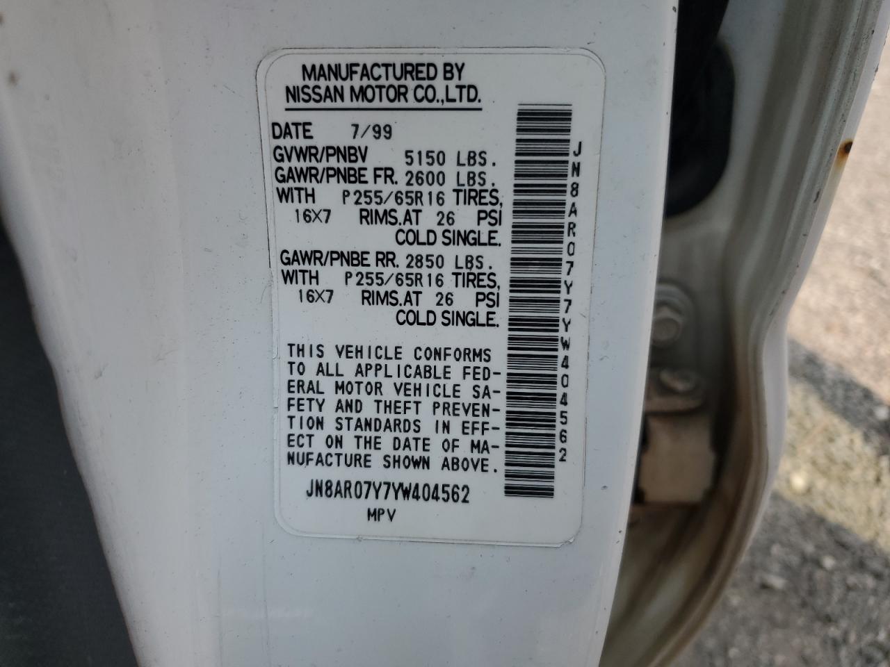 2000 Nissan Pathfinder Le VIN: JN8AR07Y7YW404562 Lot: 66734914