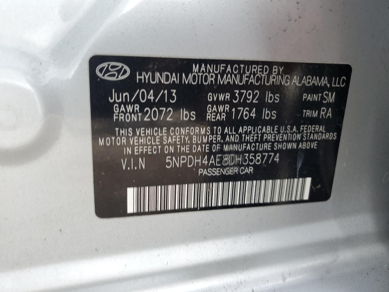 2013 Hyundai Elantra Gls VIN: 5NPDH4AE8DH358774 Lot: 65826654