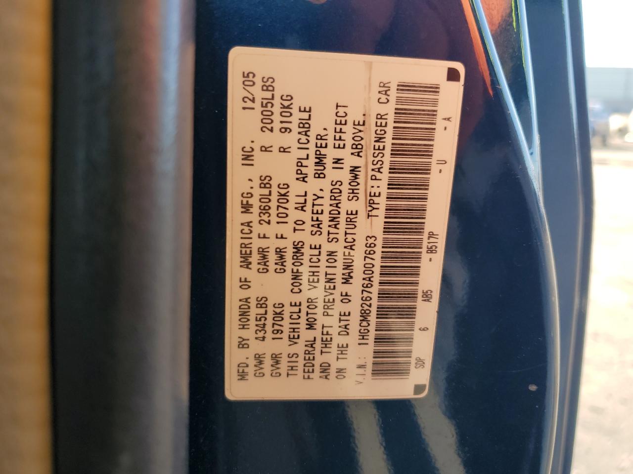 2006 Honda Accord Ex VIN: 1HGCM82676A007663 Lot: 67890964