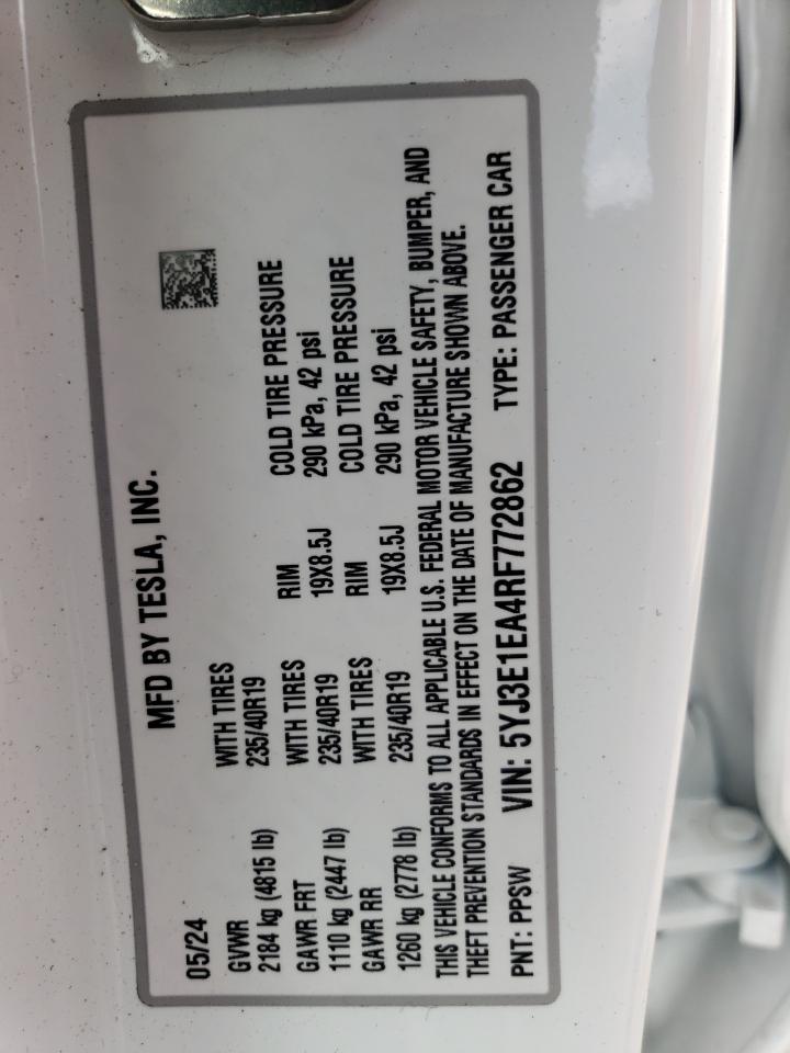 2024 Tesla Model 3 VIN: 5YJ3E1EA4RF772862 Lot: 65484414
