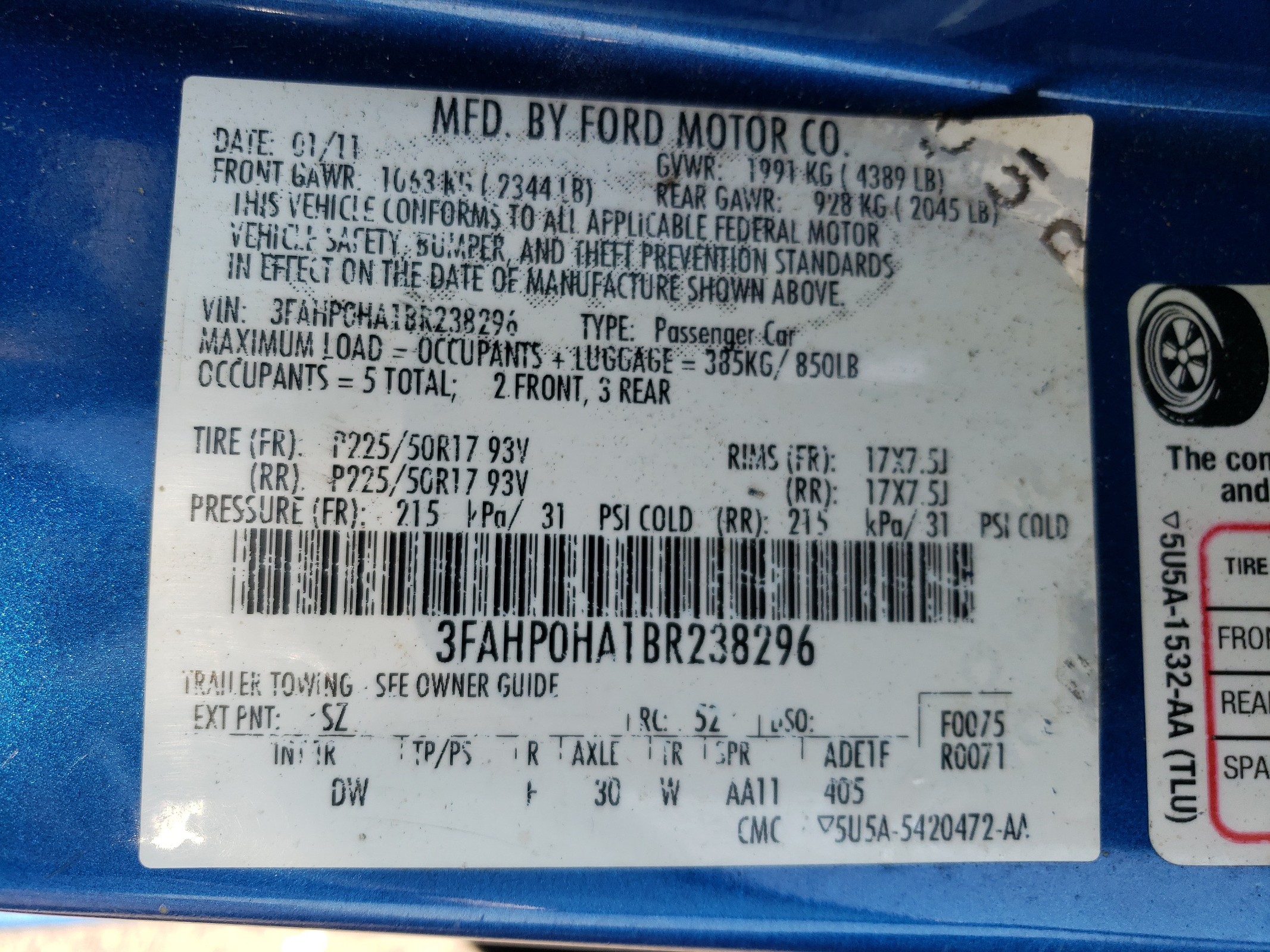 3FAHP0HA1BR238296 2011 Ford Fusion Se