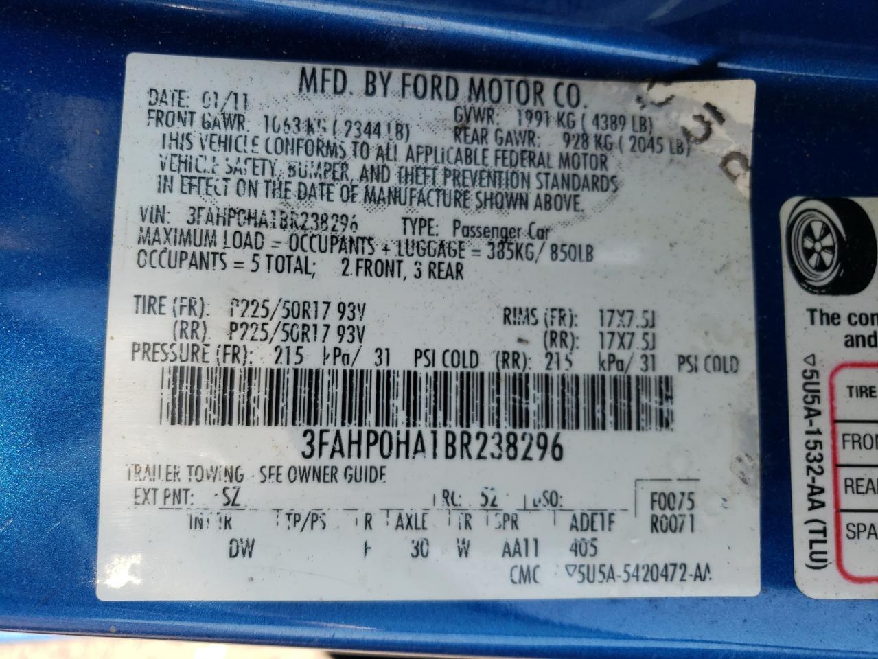 2011 Ford Fusion Se VIN: 3FAHP0HA1BR238296 Lot: 66212124