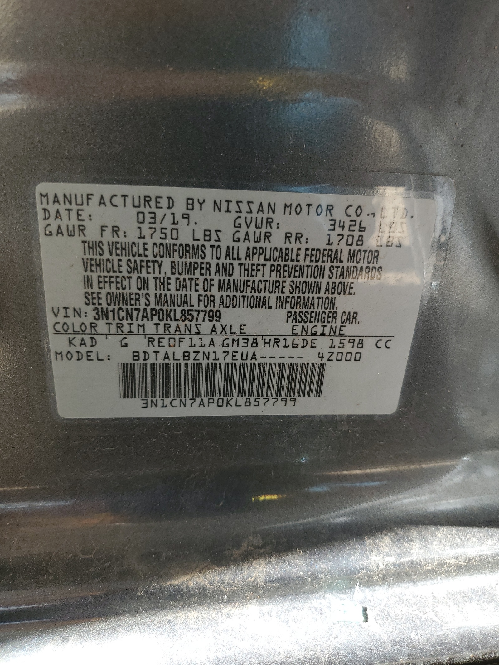 3N1CN7AP0KL857799 2019 Nissan Versa S