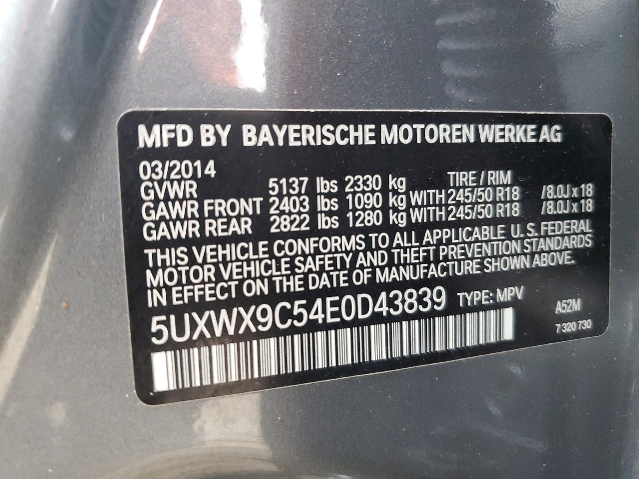 5UXWX9C54E0D43839 2014 BMW X3 xDrive28I