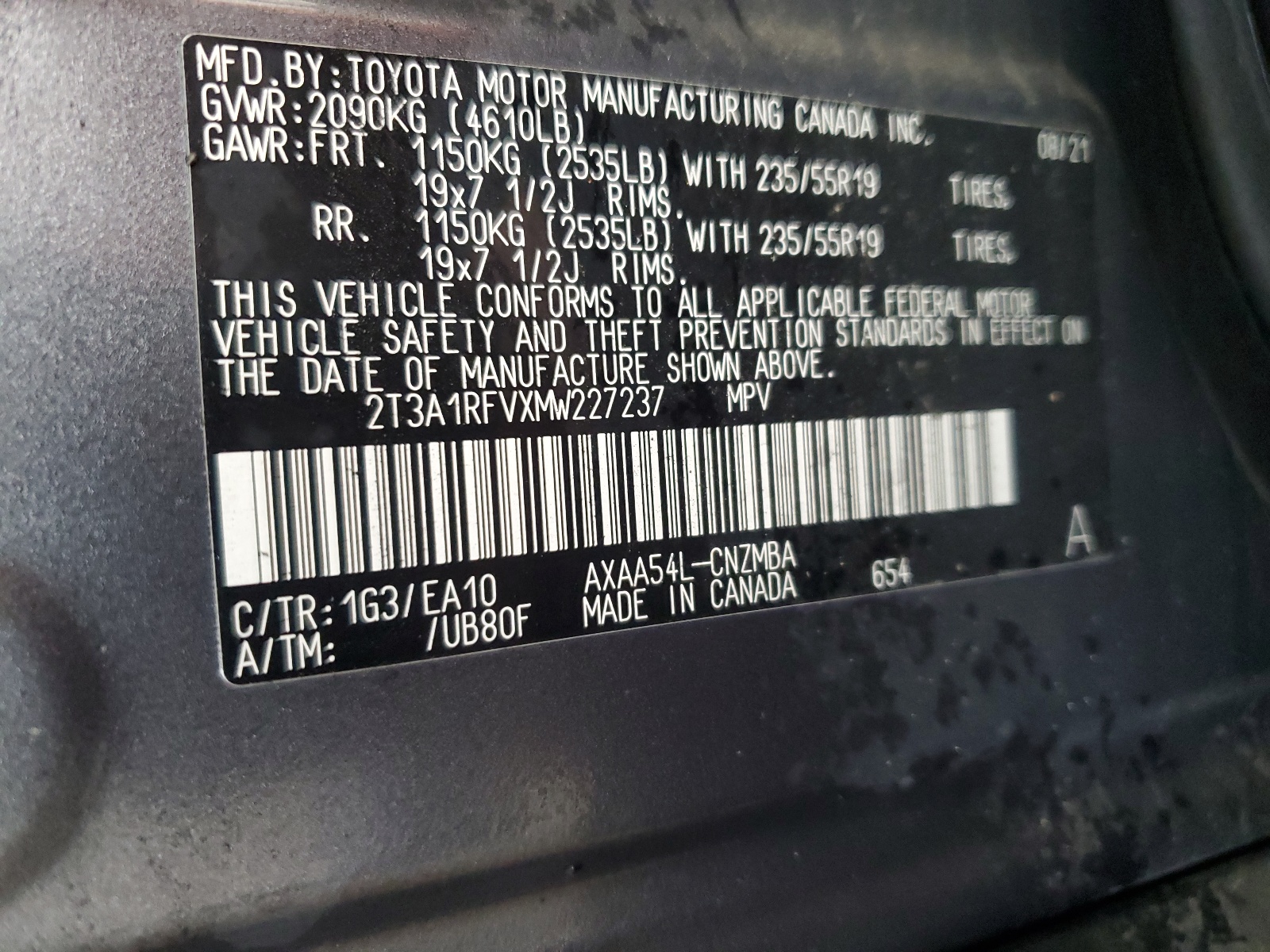 2T3A1RFVXMW227237 2021 Toyota Rav4 Xle Premium