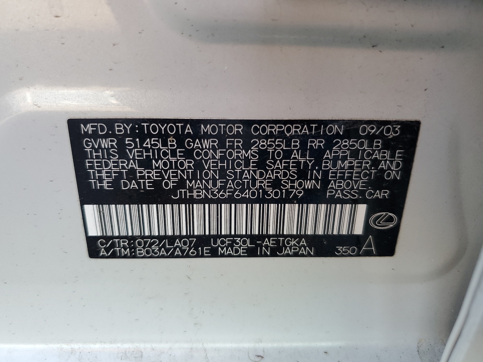 JTHBN36F640130179 2004 Lexus Ls 430