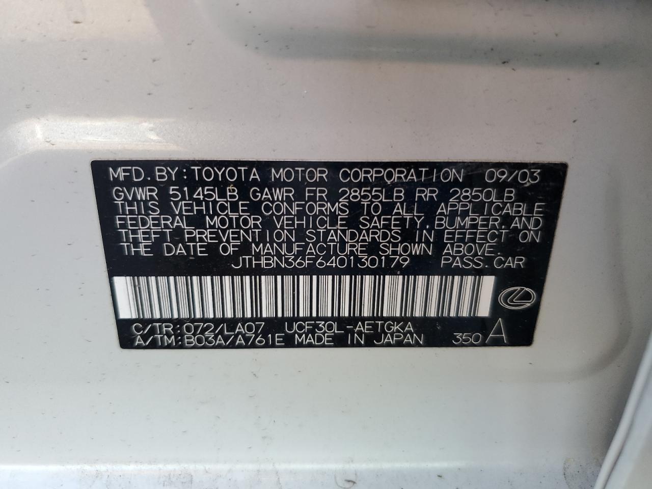 2004 Lexus Ls 430 VIN: JTHBN36F640130179 Lot: 66007534