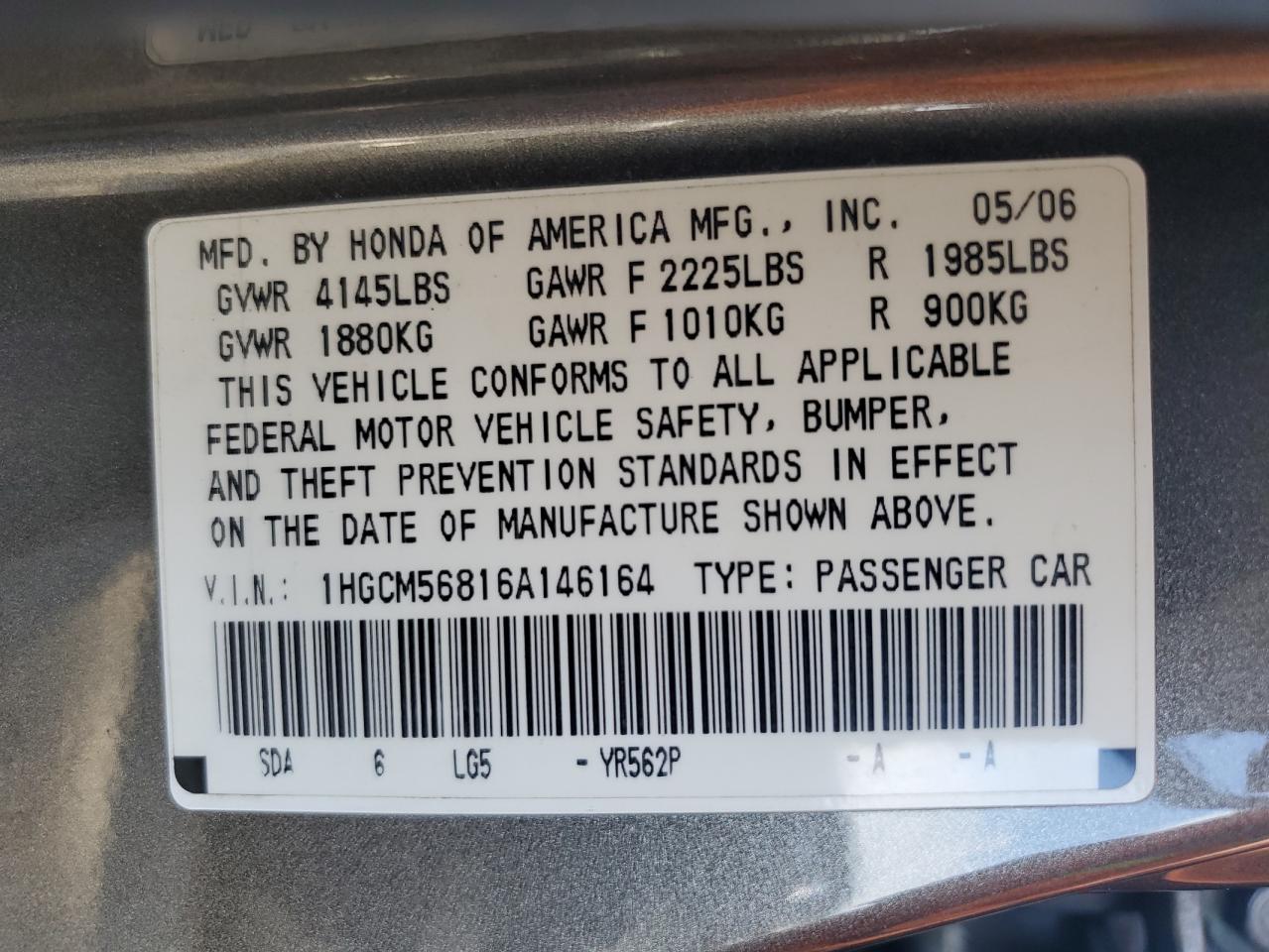 2006 Honda Accord Ex VIN: 1HGCM56816A146164 Lot: 67114844