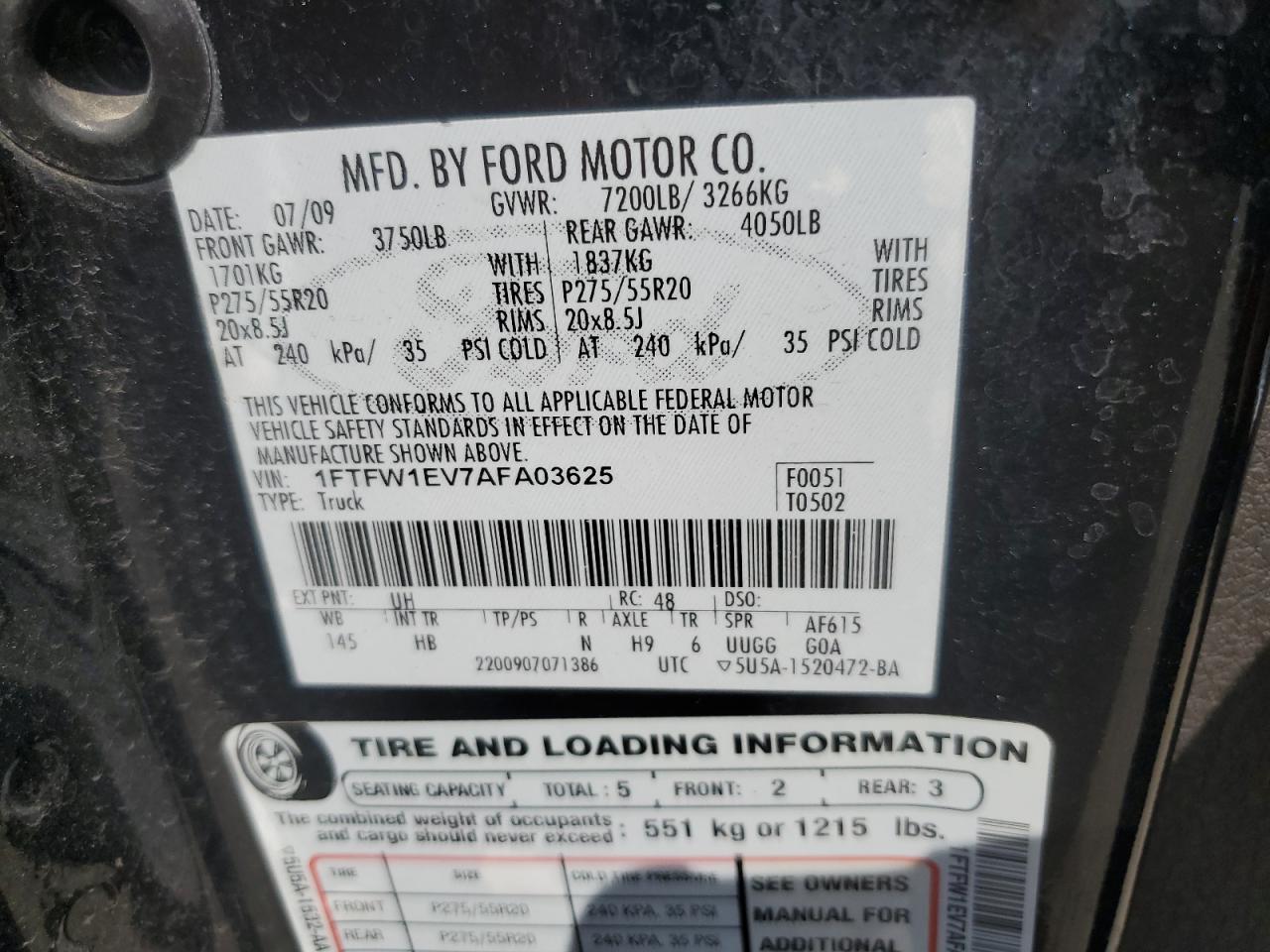 2010 Ford F150 Supercrew VIN: 1FTFW1EV7AFA03625 Lot: 68630014