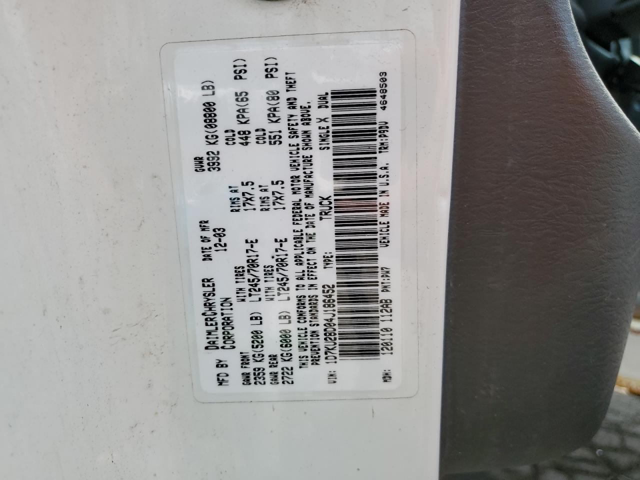 2004 Dodge Ram 2500 St VIN: 1D7KU28D04J186452 Lot: 65580784