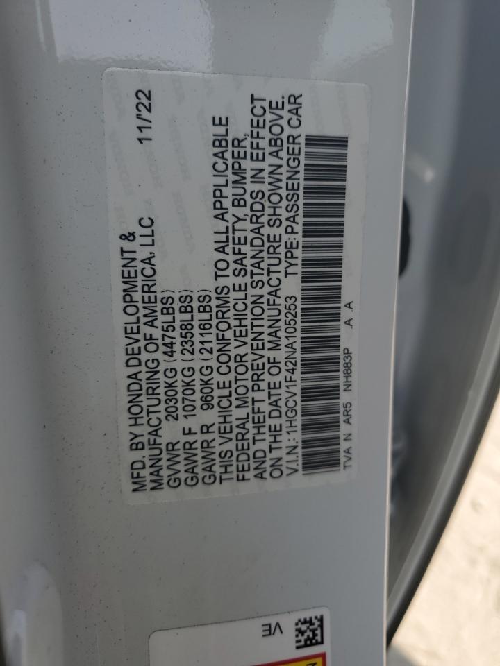 1HGCV1F42NA105253 2022 Honda Accord Sport Se