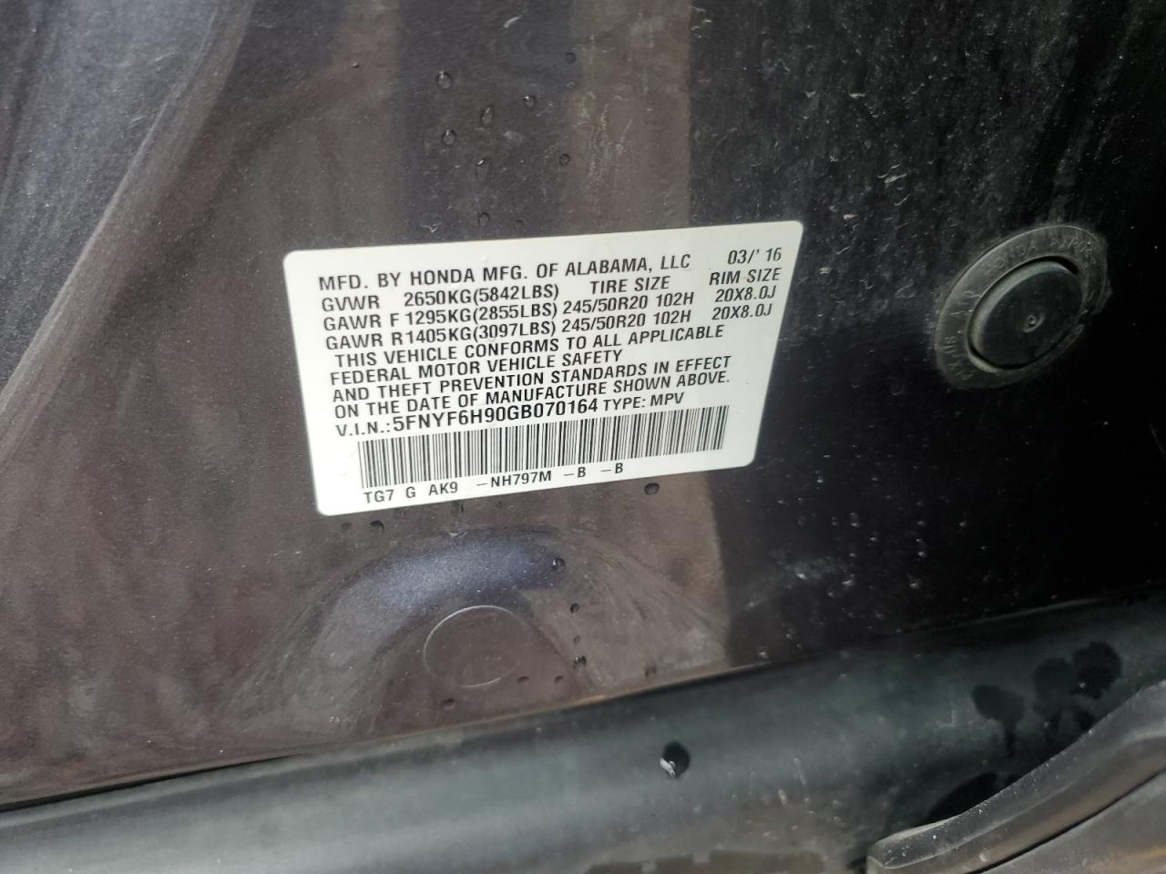 2016 Honda Pilot Touring VIN: 5FNYF6H90GB070164 Lot: 67049444