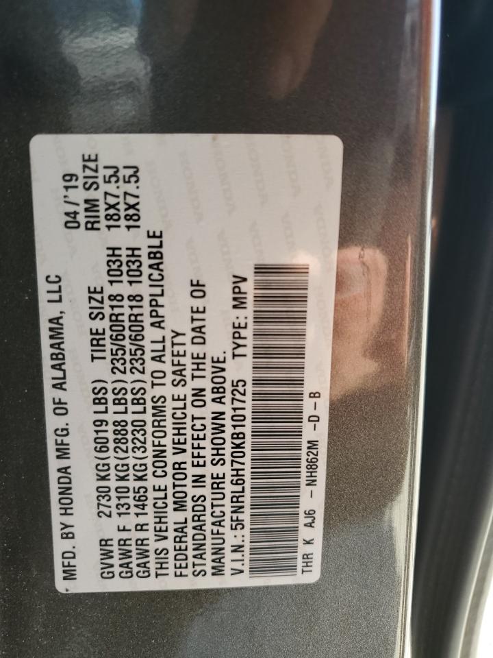 5FNRL6H70KB101725 2019 Honda Odyssey Exl