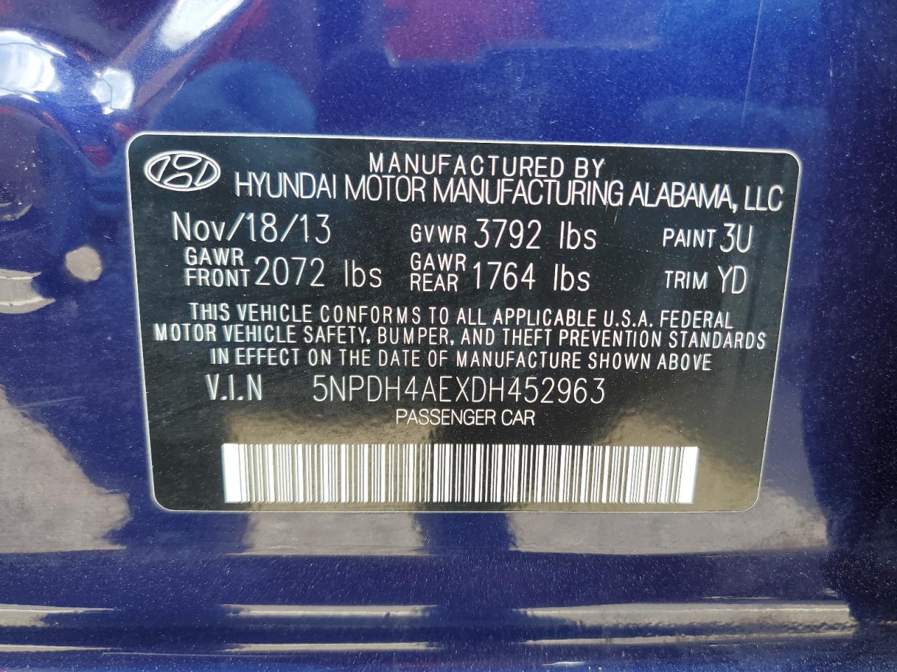 2013 Hyundai Elantra Gls VIN: 5NPDH4AEXDH452963 Lot: 66107504