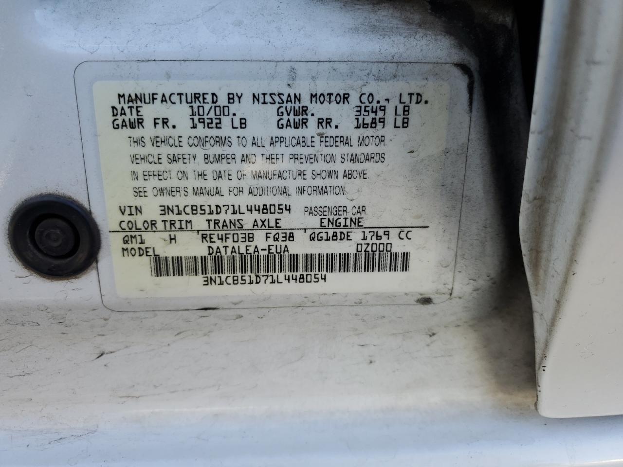 3N1CB51D71L448054 2001 Nissan Sentra Xe