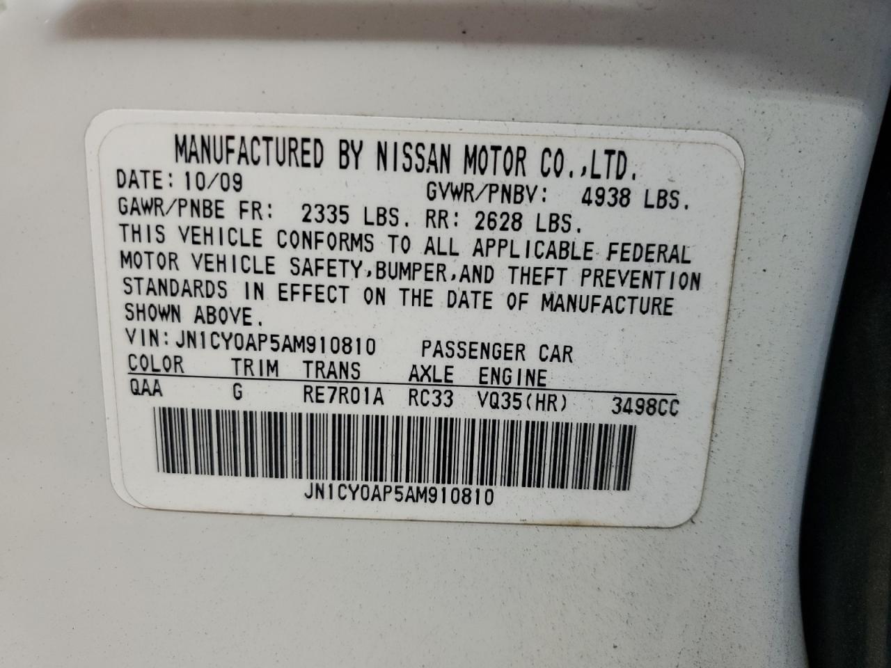 JN1CY0AP5AM910810 2010 Infiniti M35 Base