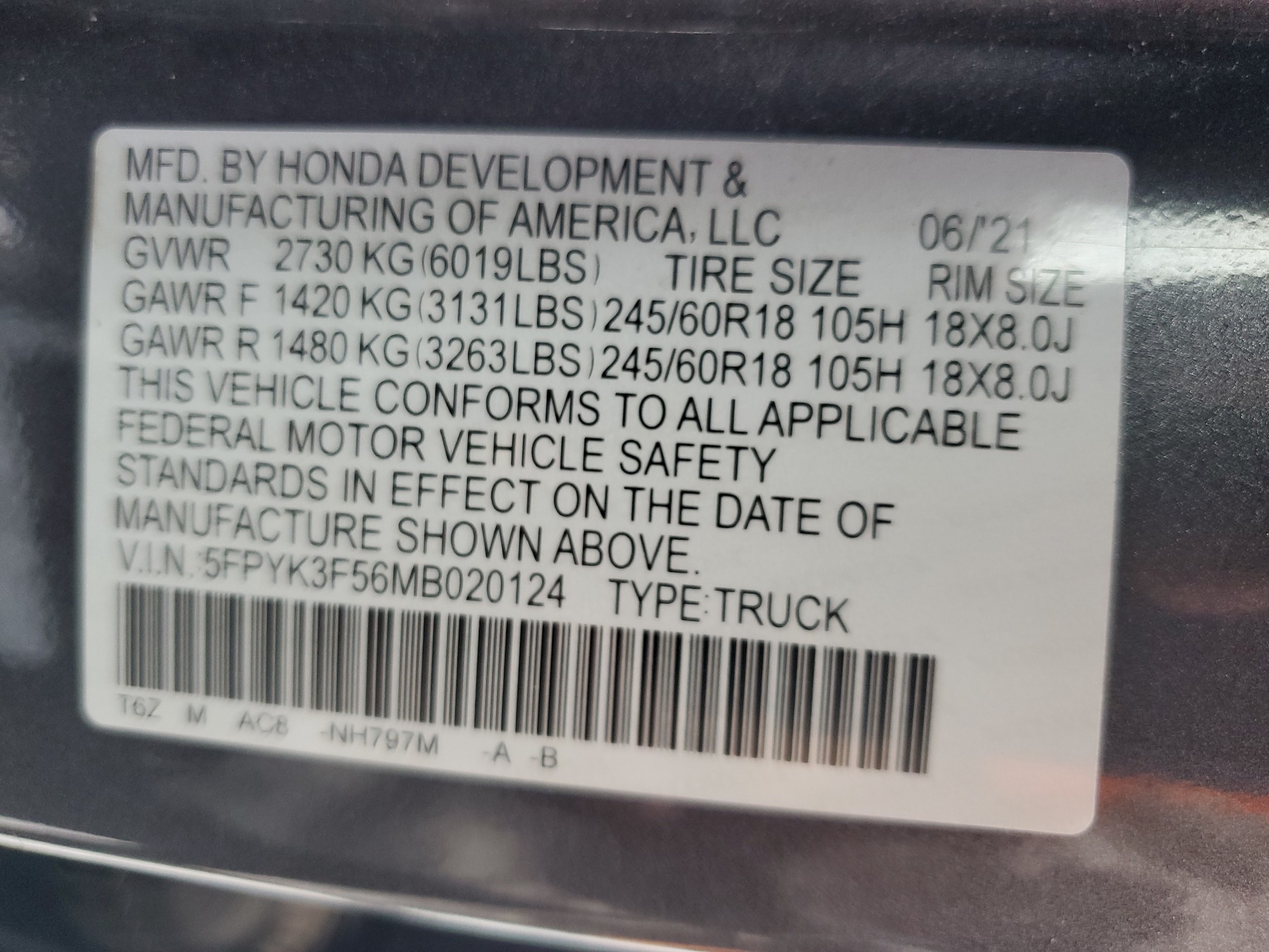 5FPYK3F56MB020124 2021 Honda Ridgeline Rtl