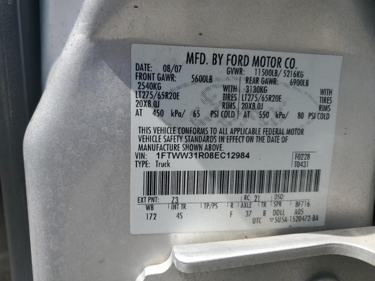 2008 Ford F350 Srw Super Duty VIN: 1FTWW31R08EC12984 Lot: 66598184