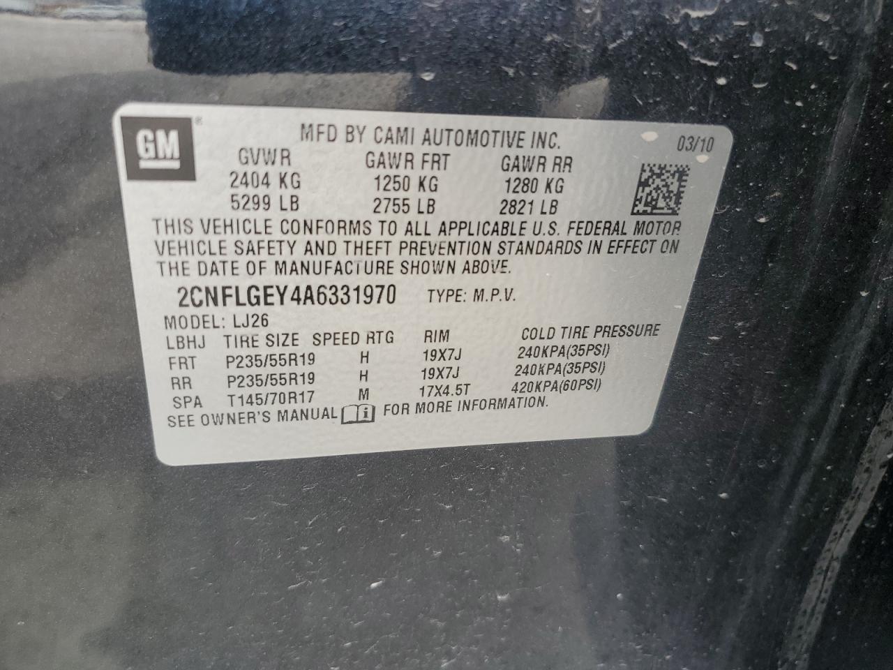 2010 Chevrolet Equinox Ltz VIN: 2CNFLGEY4A6331970 Lot: 65996494