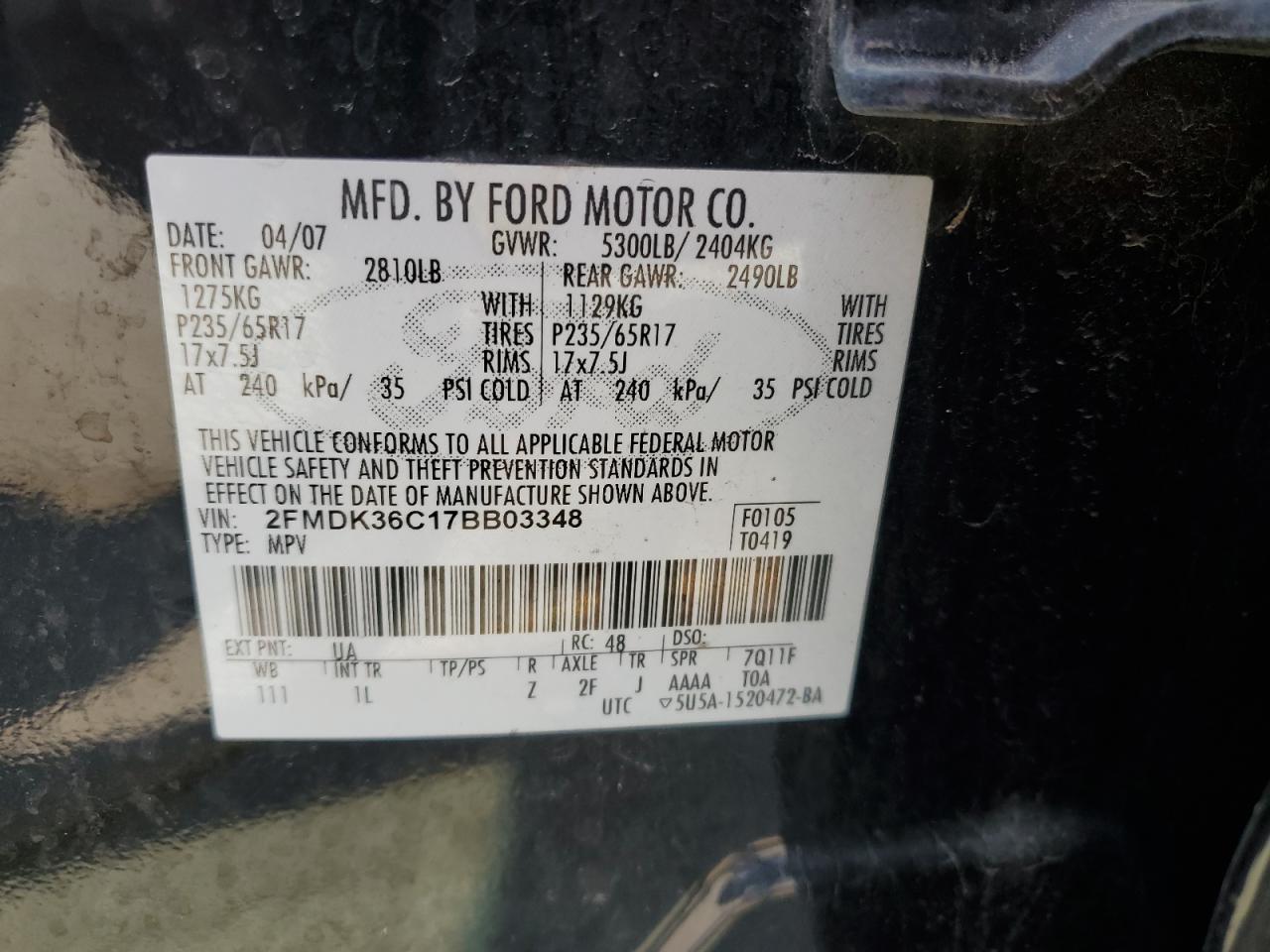 2007 Ford Edge Se VIN: 2FMDK36C17BB03348 Lot: 67358744