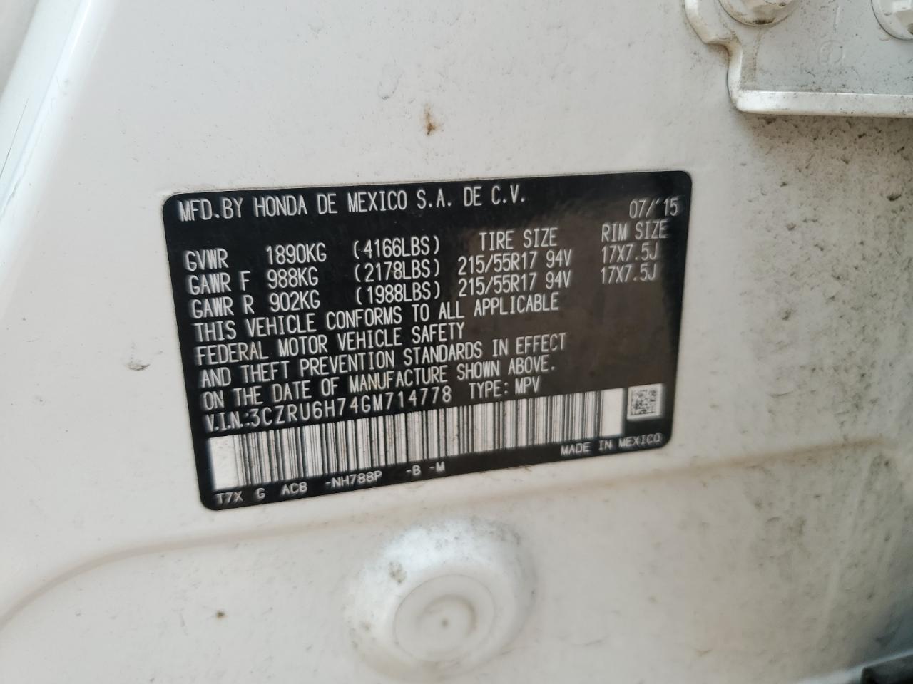 2016 Honda Hr-V Exl VIN: 3CZRU6H74GM714778 Lot: 65661394