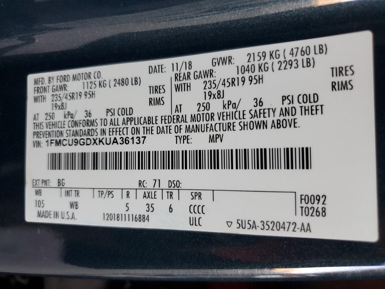 2019 Ford Escape Se VIN: 1FMCU9GDXKUA36137 Lot: 67002914