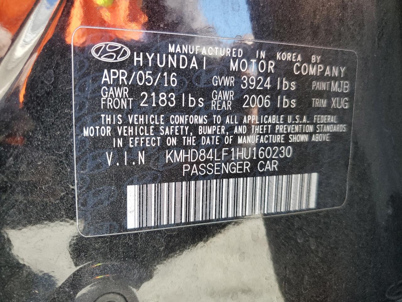 KMHD84LF1HU160230 2017 Hyundai Elantra Se