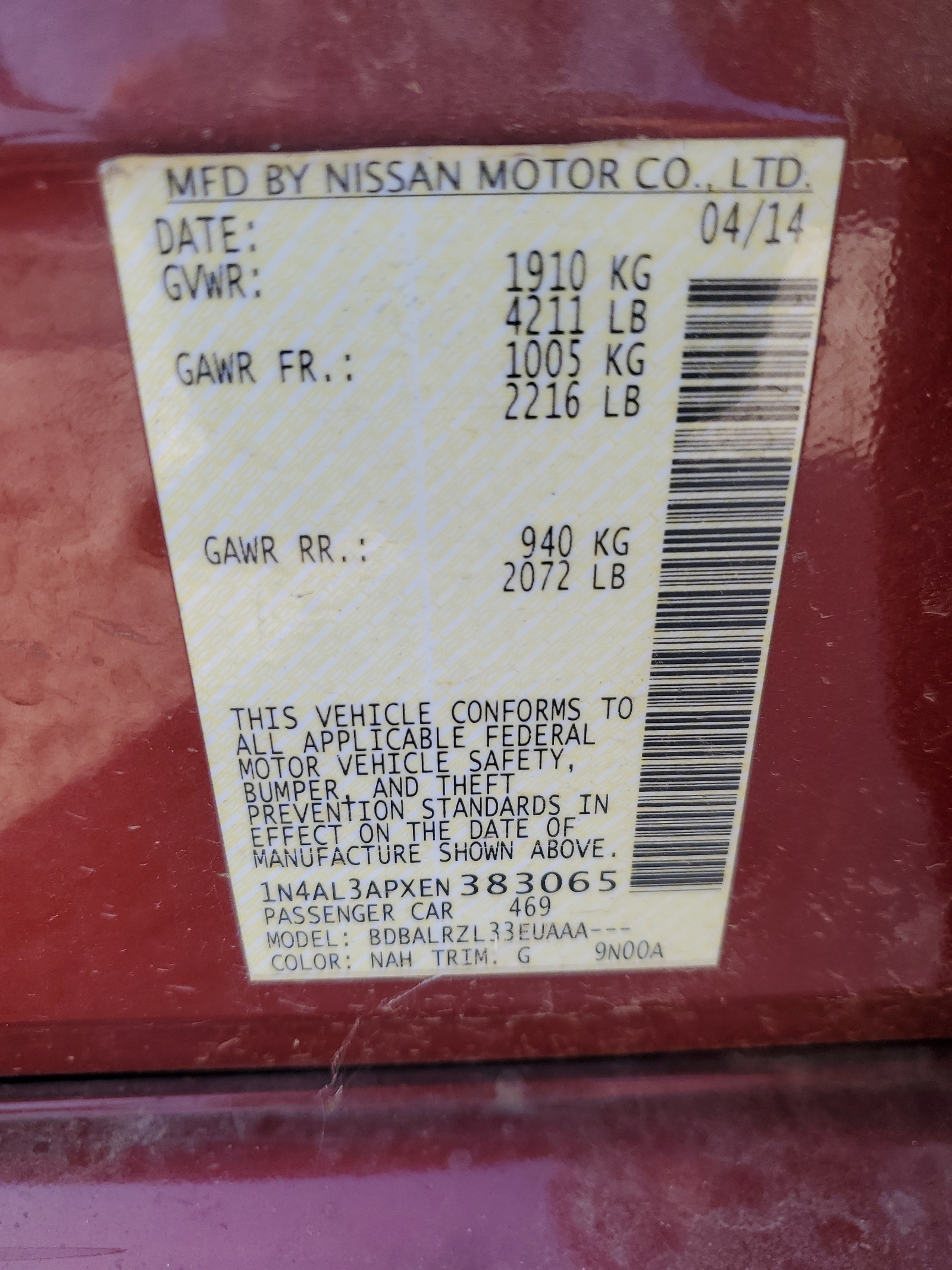 2014 Nissan Altima 2.5 vin: 1N4AL3APXEN383065