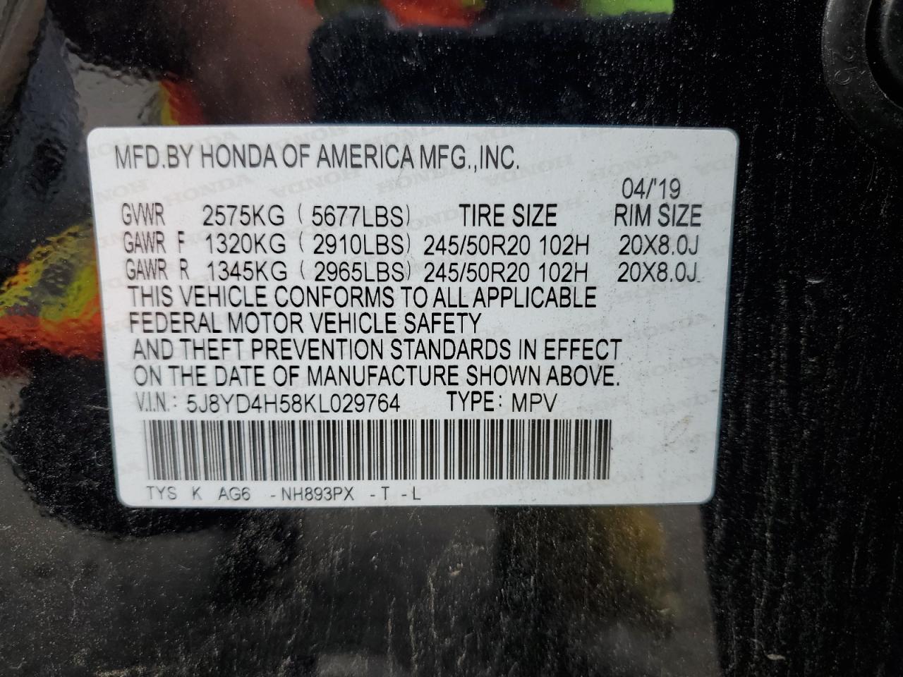 5J8YD4H58KL029764 2019 Acura Mdx Technology