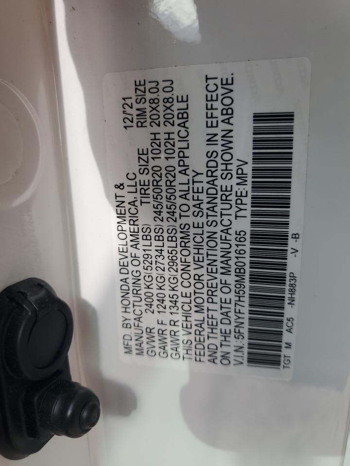 2021 Honda Passport Exl VIN: 5FNYF7H59MB016165 Lot: 69247684