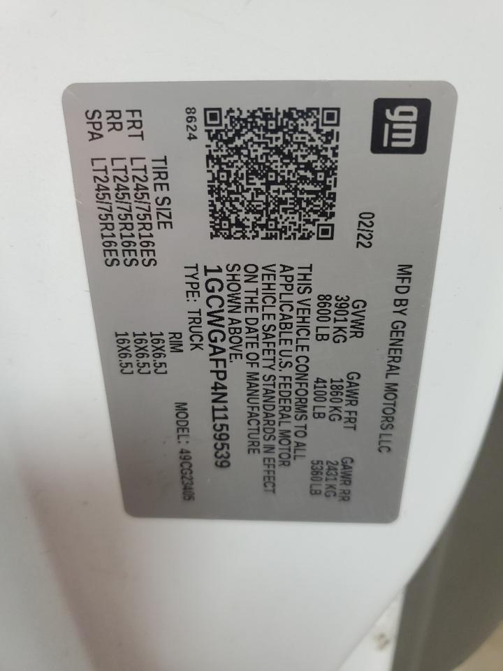 2022 Chevrolet Express G2500 VIN: 1GCWGAFP4N1159539 Lot: 66192654