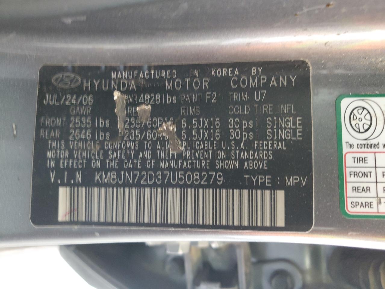 2007 Hyundai Tucson Se VIN: KM8JN72D37U508279 Lot: 68063594