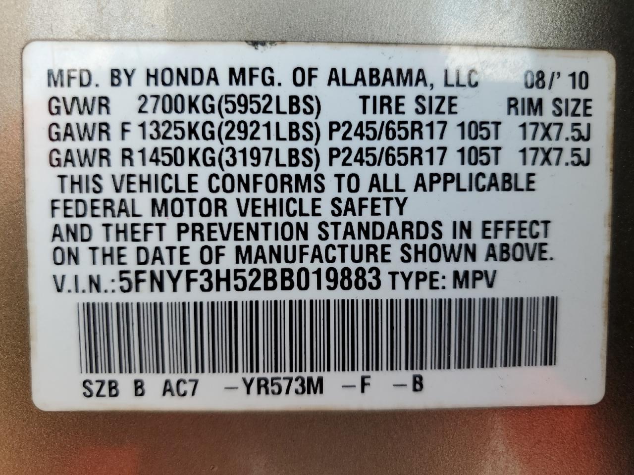 2011 Honda Pilot Exl VIN: 5FNYF3H52BB019883 Lot: 68320674