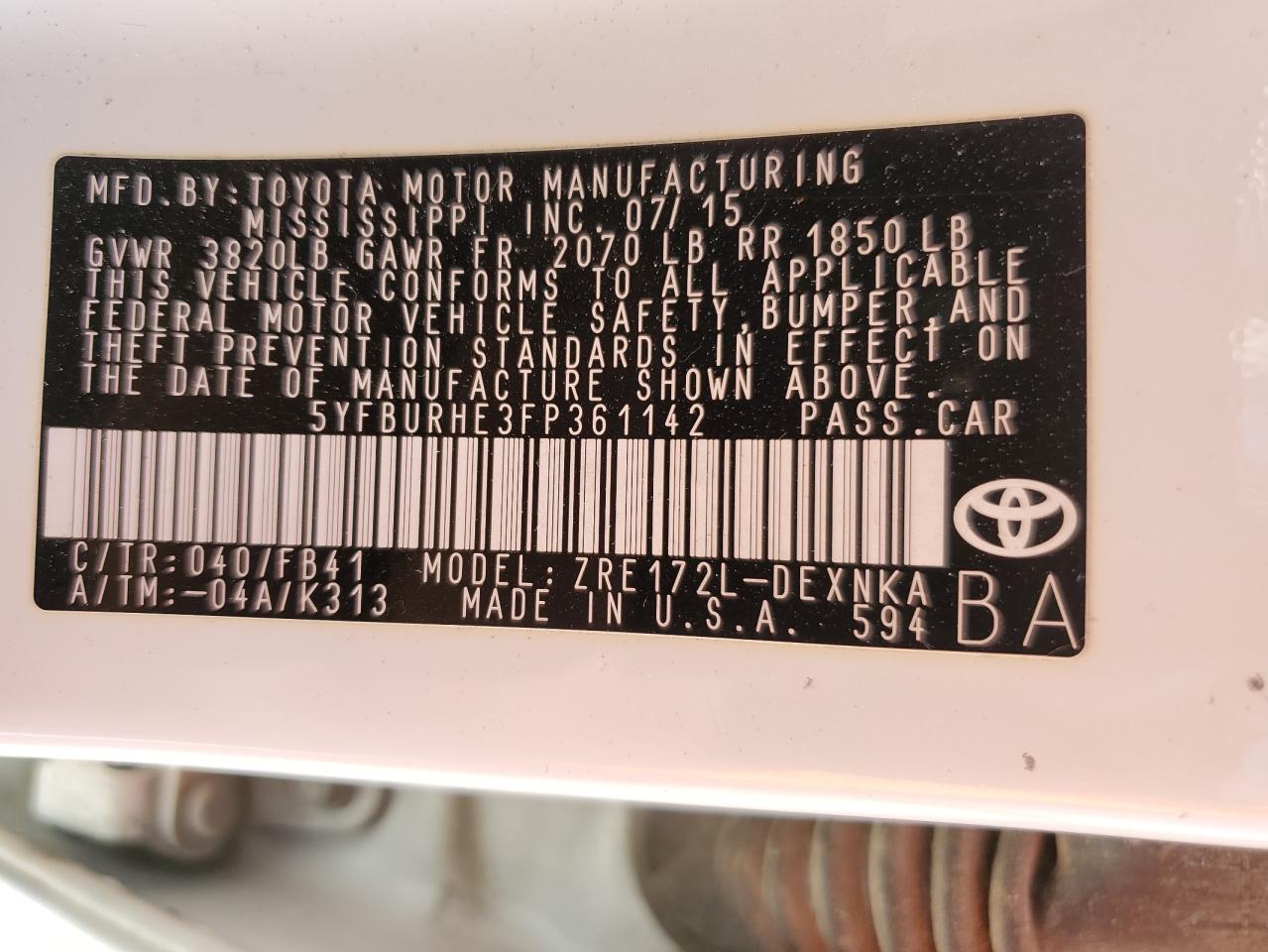 5YFBURHE3FP361142 2015 Toyota Corolla L