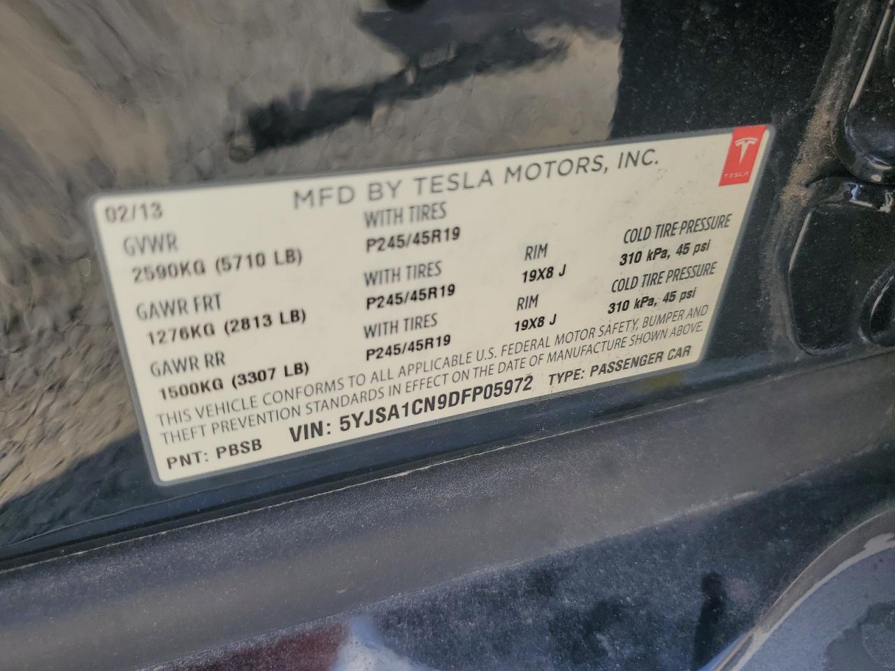 2013 Tesla Model S VIN: 5YJSA1CN9DFP05972 Lot: 69100454